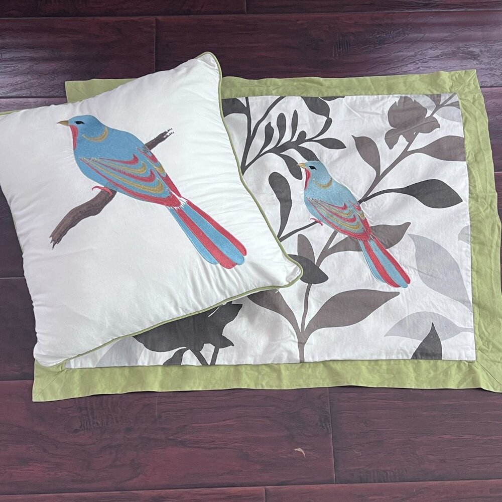 Embroidered Accent Pillow 15" Square & Standard Sham Set Colorful Bird Design - Picture 8 of 12